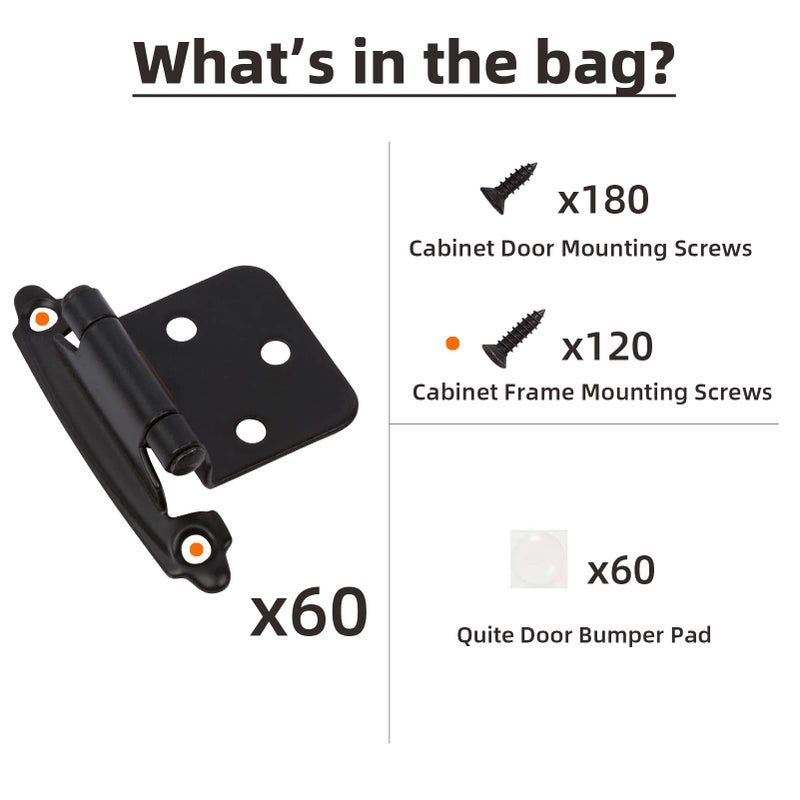 Decobasics 1/2" Overlay Matte Black Cabinet Hinges (30 Pair -60 Pcs) Self Closing Bath & Kitchen Cabinet Hinges Black Flush Mount w/Door Bumpers & Upgraded Screws - Image 4